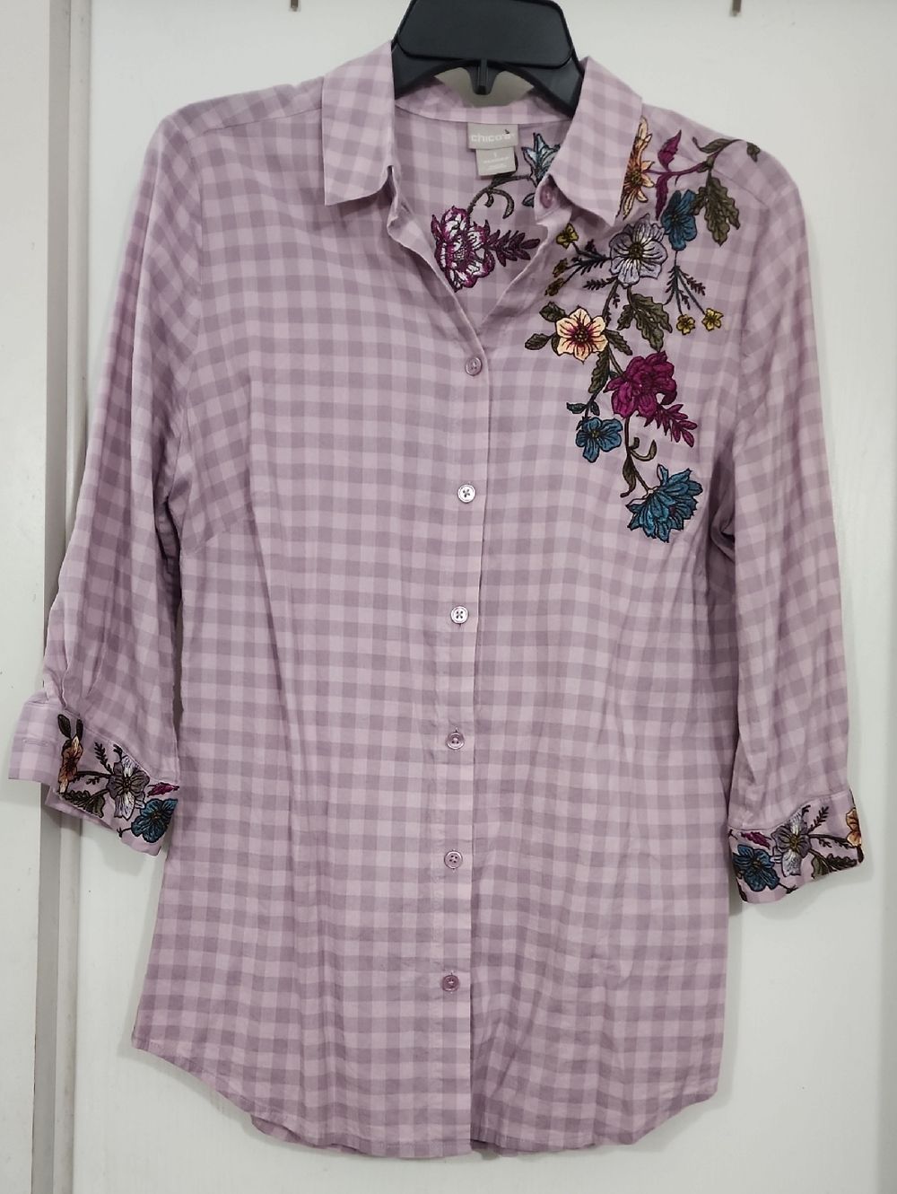 CHICO'S Embroidered Gingham Button-Up Shirt - Lavender